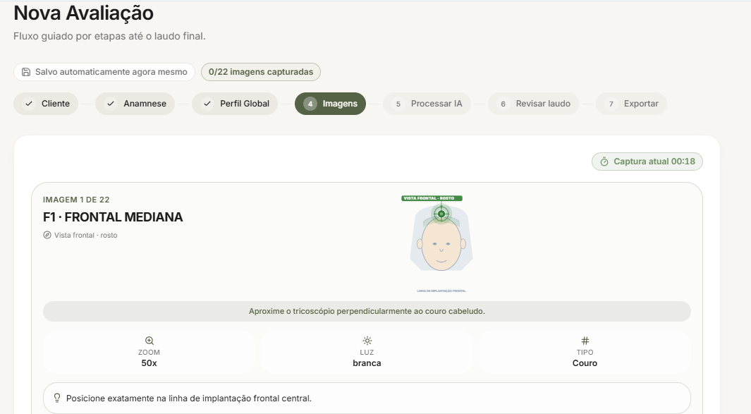 Fluxo guiado de nova avaliação com etapas de cliente, anamnese, imagens e laudo