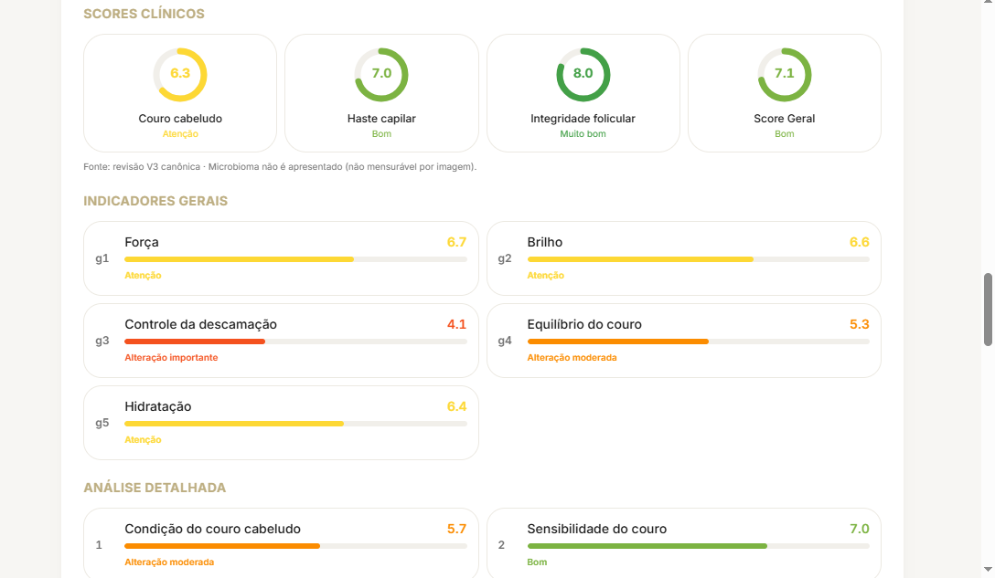 Indicadores de força, brilho e hidratação com scores clínicos em barras de progresso