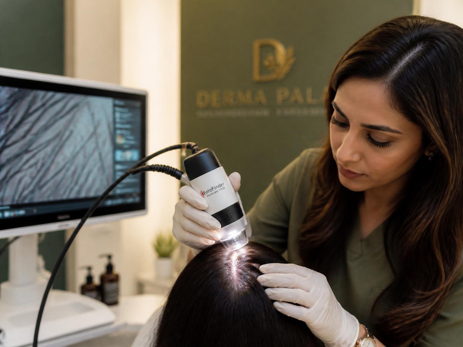 Dermatoscópio digital em uso na avaliação capilar